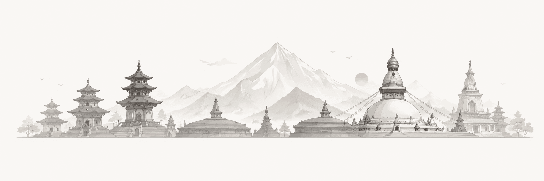 Illustration of Nepali temples and mountains